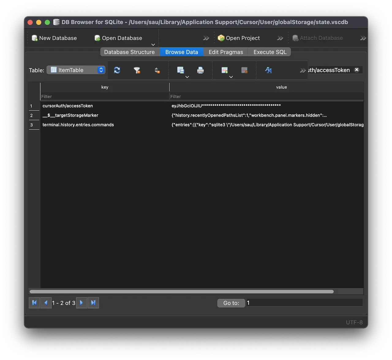 sqlite db of Cursor where it stores authentication token